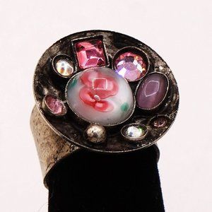 Unique Disc Bowl Sterling Silver Ring of Pink Crystals Art Glass Rhinestones 5.5